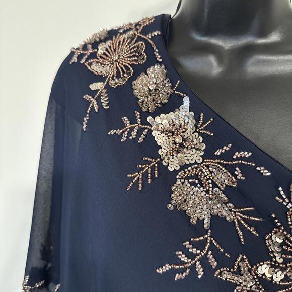 NWT ADRIANNA PAPELL Blue One Shoulder Sequin Trim Overlay Jumpsuit - Size 14 - Picture 6 of 9